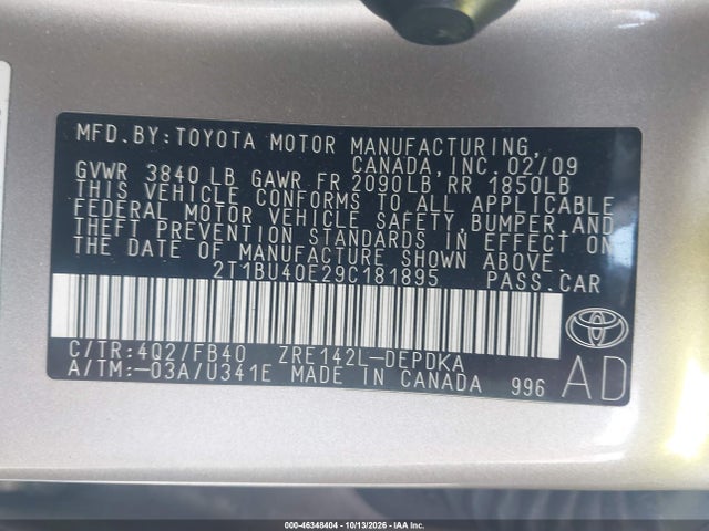 Aukcja sprzedaży 2009 Toyota Corolla Le, vin: 2T1BU40E29C181895, numer aukcji: 46348404