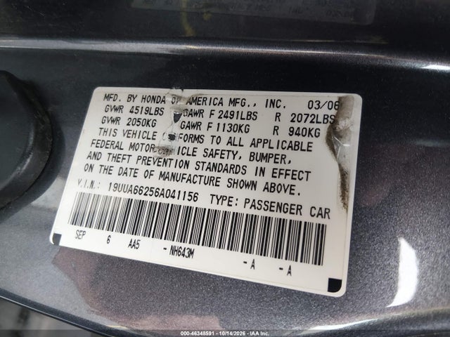 46348591 :رقم المزاد ، 19UUA66256A041156 vin ، 2006 Acura Tl مزاد بيع