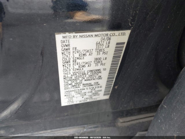 Продажа на аукционе авто 2006 Nissan Titan Xe, vin: 1N6AA07A46N559396, номер лота: 46348638