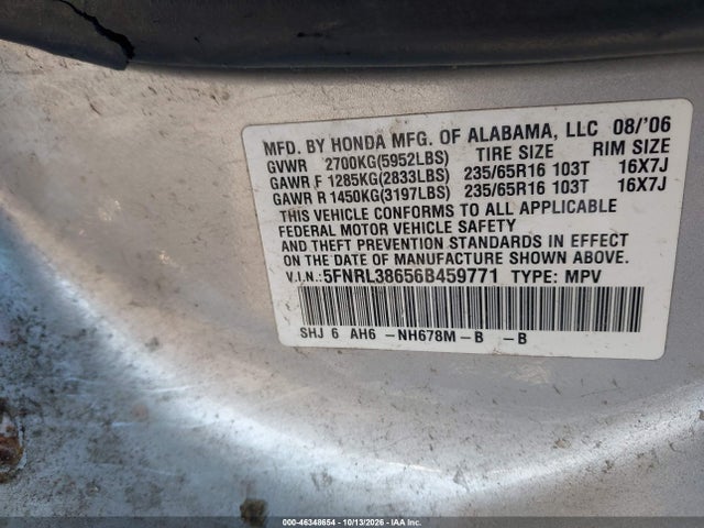 46348654 :رقم المزاد ، 5FNRL38656B459771 vin ، 2006 Honda Odyssey Ex-l مزاد بيع