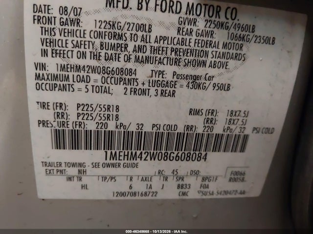 2008 Mercury Sable Premier მანქანა იყიდება აუქციონზე, vin: 1MEHM42W08G608084, აუქციონის ნომერი: 46348668