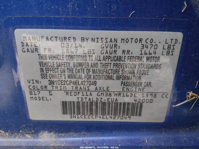 46348670 :رقم المزاد ، 3N1CE2CP4EL427049 vin ، 2014 Nissan Versa Note Sv مزاد بيع