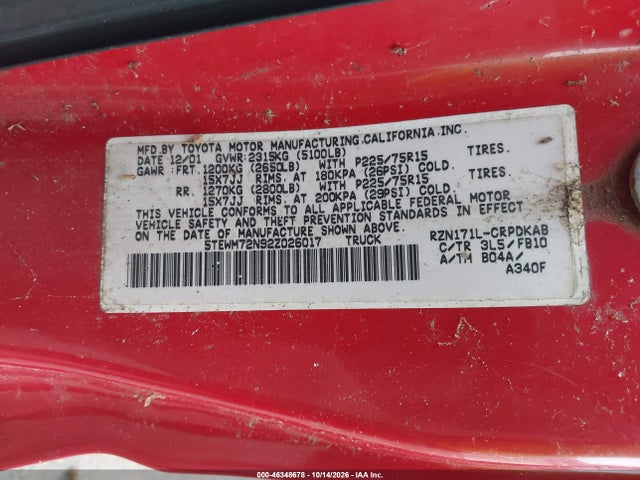 Продажа на аукционе авто 2002 Toyota Tacoma, vin: 5TEWM72N92Z026017, номер лота: 46348678
