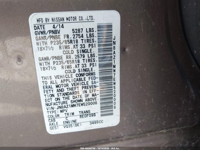 Продаж на аукціоні авто 2014 Nissan Murano Sl, vin: JN8AZ1MW7EW520008, номер лоту: 46348708