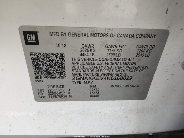 Aukcja sprzedaży 2019 Chevrolet Equinox Lt, vin: 2GNAXKEV4K6168029, numer aukcji: 46348717