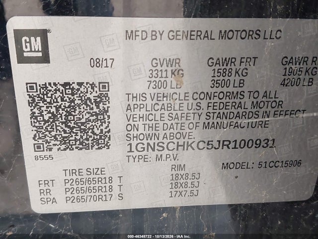 Aukcja sprzedaży 2018 Chevrolet Suburban Lt, vin: 1GNSCHKC5JR100931, numer aukcji: 46348722
