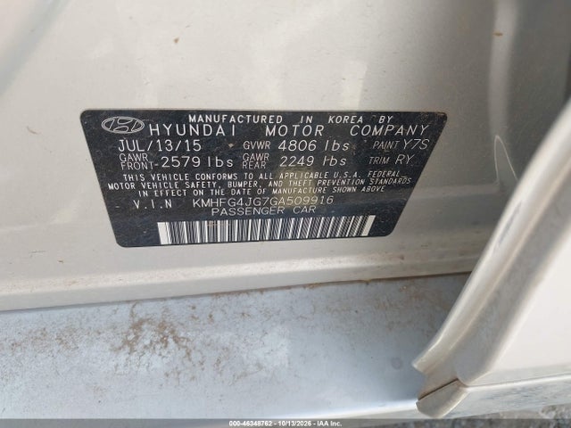Продажа на аукционе авто 2016 Hyundai Azera, vin: KMHFG4JG7GA509916, номер лота: 46348762