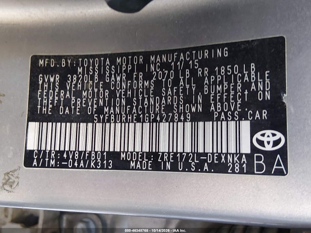 46348768 :رقم المزاد ، 5YFBURHE1GP427849 vin ، 2016 Toyota Corolla Le Plus مزاد بيع