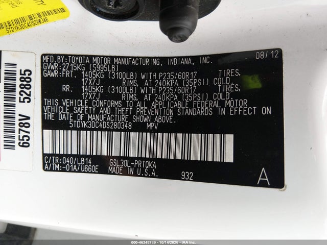 Продажа на аукционе авто 2013 Toyota Sienna Xle V6 8 Passenger, vin: 5TDYK3DC4DS280348, номер лота: 46348789