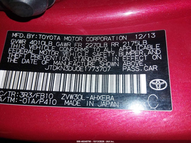 Продаж на аукціоні авто 2014 Toyota Prius Three, vin: JTDKN3DU0E1773707, номер лоту: 46348790