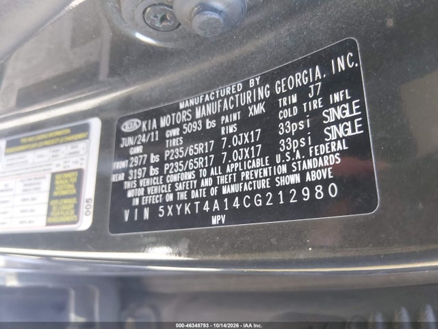 46348793 :رقم المزاد ، 5XYKT4A14CG212980 vin ، 2012 Kia Sorento Lx مزاد بيع