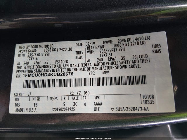 2019 Ford Escape Sel მანქანა იყიდება აუქციონზე, vin: 1FMCU0HD4KUB28676, აუქციონის ნომერი: 46348814