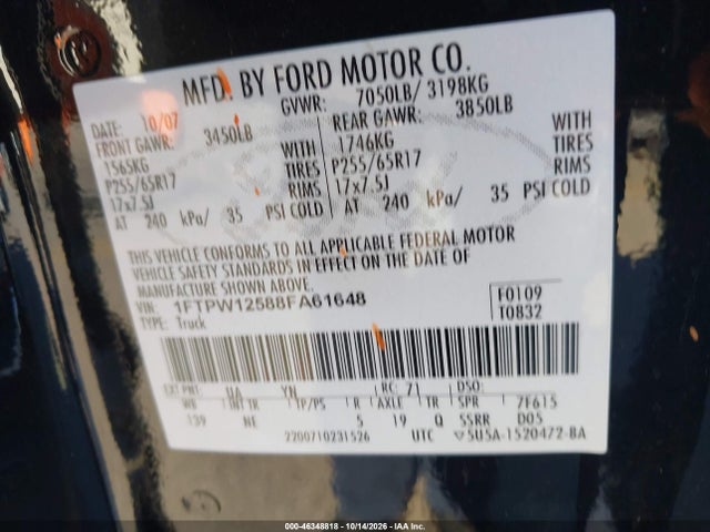 Продаж на аукціоні авто 2008 Ford F-150 60th Anniversary/fx2/king Ranch/lariat/limited/xlt, vin: 1FTPW12588FA61648, номер лоту: 46348818