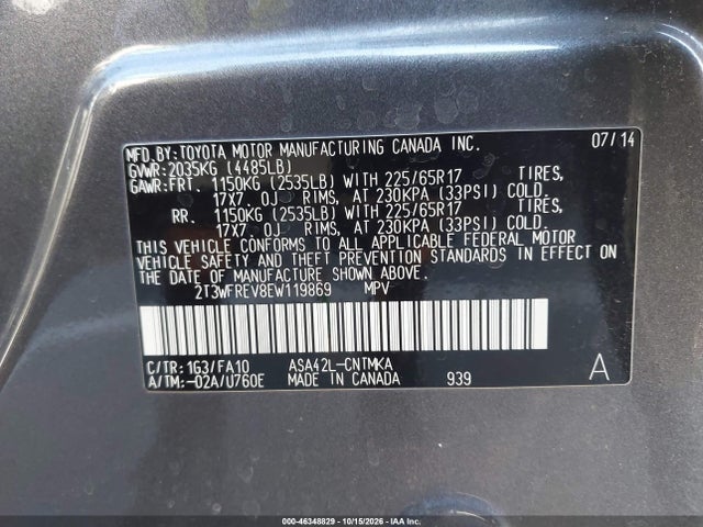 46348829 :رقم المزاد ، 2T3WFREV8EW119869 vin ، 2014 Toyota Rav4 Xle مزاد بيع