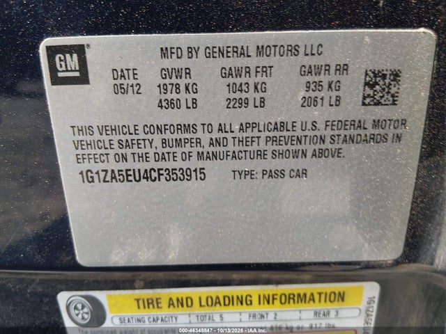 2012 Chevrolet Malibu Ls მანქანა იყიდება აუქციონზე, vin: 1G1ZA5EU4CF353915, აუქციონის ნომერი: 46348847