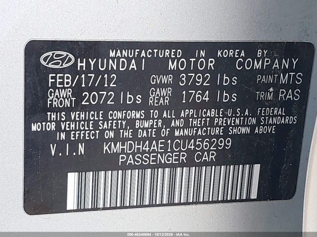 Aukcja sprzedaży 2012 Hyundai Elantra Limited (ulsan Plant), vin: KMHDH4AE1CU456299, numer aukcji: 46348894