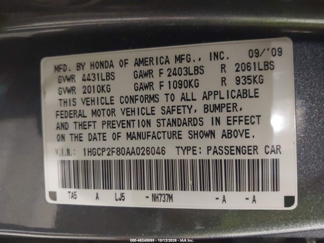46348895 :رقم المزاد ، 1HGCP2F80AA026046 vin ، 2010 Honda Accord 2.4 Ex-l مزاد بيع