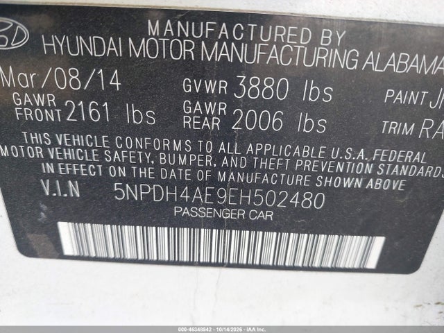 5NPDH4AE9EH502480 Hyundai ELANTRA SE