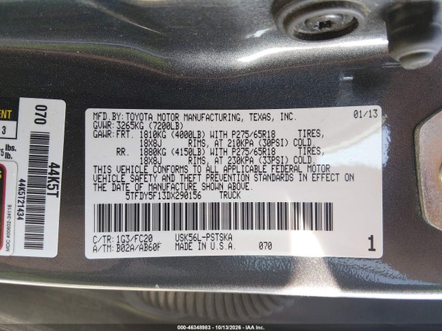 Aukcja sprzedaży 2013 Toyota Tundra Grade 5.7l V8, vin: 5TFDY5F13DX290156, numer aukcji: 46348983