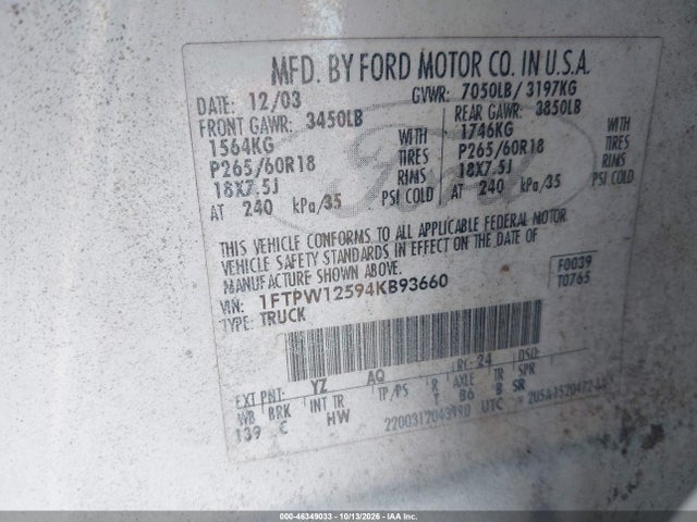 Продаж на аукціоні авто 2004 Ford F-150 Lariat/xlt, vin: 1FTPW12594KB93660, номер лоту: 46349033