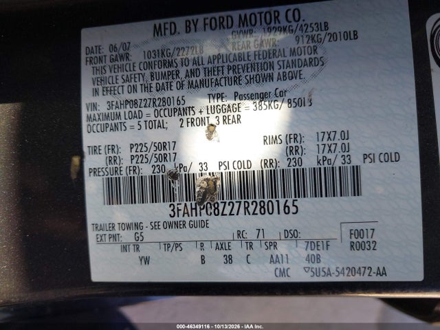 Продажа на аукционе авто 2007 Ford Fusion Sel, vin: 3FAHP08Z27R280165, номер лота: 46349116
