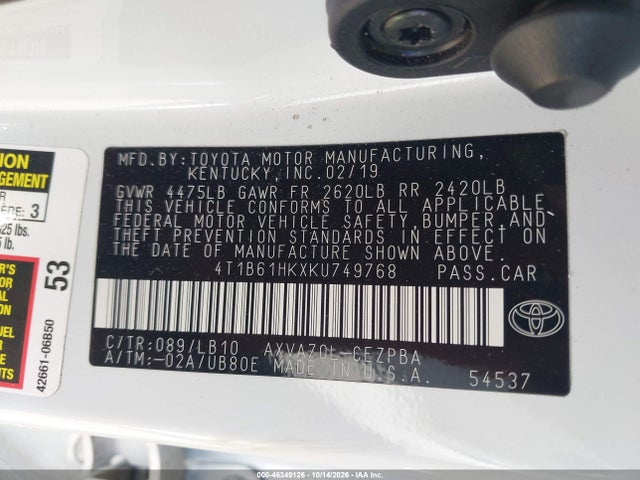 Aukcja sprzedaży 2019 Toyota Camry Xse, vin: 4T1B61HKXKU749768, numer aukcji: 46349126