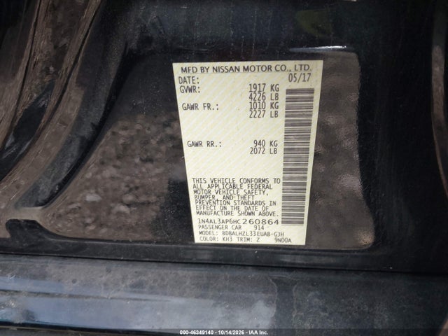 46349140 :رقم المزاد ، 1N4AL3AP6HC260864 vin ، 2017 Nissan Altima 2.5 Sr مزاد بيع