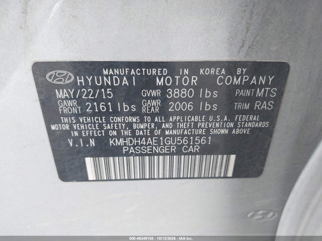Продажа на аукционе авто 2016 Hyundai Elantra Se, vin: KMHDH4AE1GU561561, номер лота: 46349158