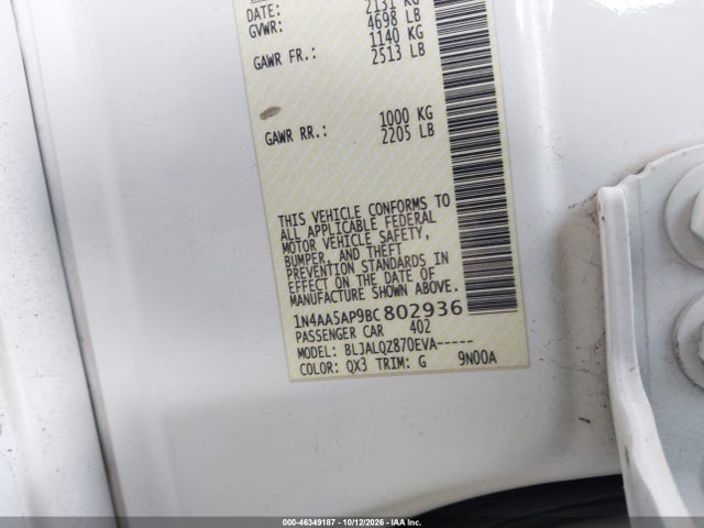 Aukcja sprzedaży 2011 Nissan Maxima 3.5 S, vin: 1N4AA5AP9BC802936, numer aukcji: 46349187