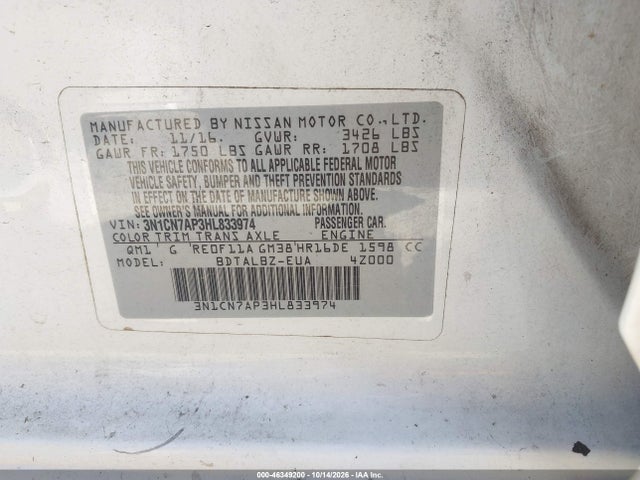 Aukcja sprzedaży 2017 Nissan Versa 1.6 Sv, vin: 3N1CN7AP3HL833974, numer aukcji: 46349200