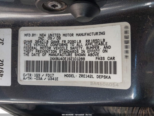 Aukcja sprzedaży 2009 Toyota Corolla S, vin: 1NXBU40E19Z101288, numer aukcji: 46349266