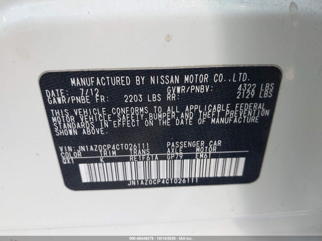 Продажа на аукционе авто 2012 Nissan Leaf Sl, vin: JN1AZ0CP4CT026111, номер лота: 46349279