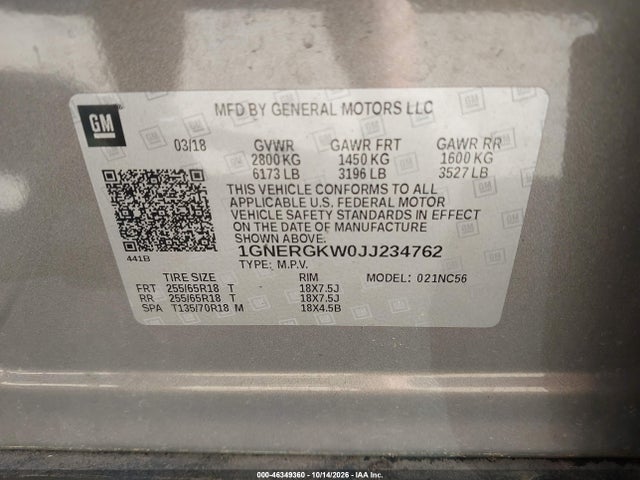 Aukcja sprzedaży 2018 Chevrolet Traverse 1lt, vin: 1GNERGKW0JJ234762, numer aukcji: 46349360