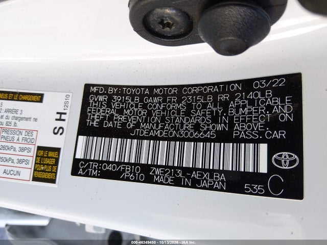 Aukcja sprzedaży 2022 Toyota Corolla Hybrid Le, vin: JTDEAMDE0N3006645, numer aukcji: 46349450