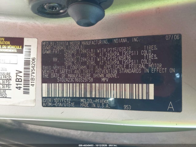 Aukcja sprzedaży 2006 Toyota Sienna Le, vin: 5TDZA23C16S529758, numer aukcji: 46349453