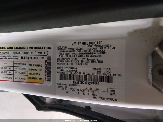 Продажа на аукционе авто 2015 Ford Fusion Se, vin: 3FA6P0H7XFR279480, номер лота: 46349478