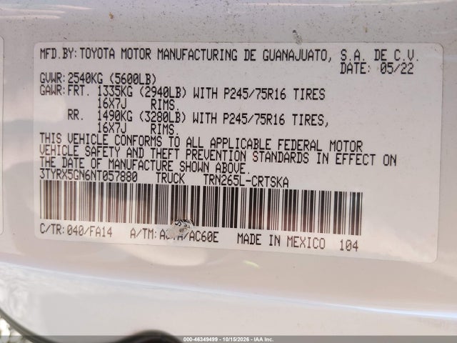 46349499 :رقم المزاد ، 3TYRX5GN6NT057880 vin ، 2022 Toyota Tacoma Sr مزاد بيع