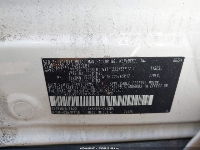 Aukcja sprzedaży 2024 Toyota Rav4 Hybrid Le, vin: 4T3LWRFV7RU151543, numer aukcji: 46349503