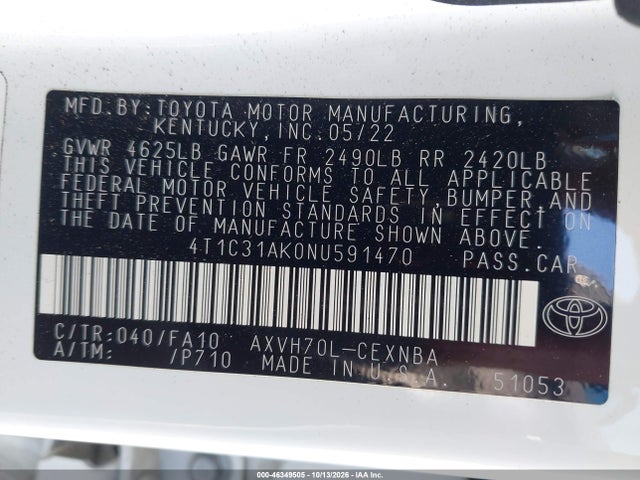 Продаж на аукціоні авто 2022 Toyota Camry Le Hybrid, vin: 4T1C31AK0NU591470, номер лоту: 46349505