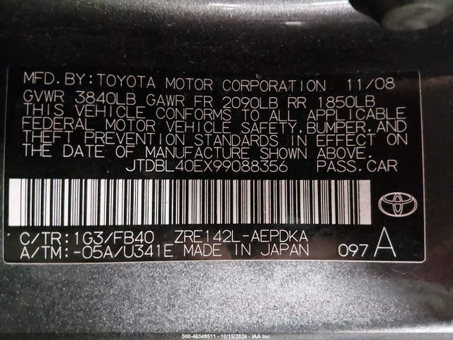 46349511 :رقم المزاد ، JTDBL40EX99088356 vin ، 2009 Toyota Corolla Le مزاد بيع