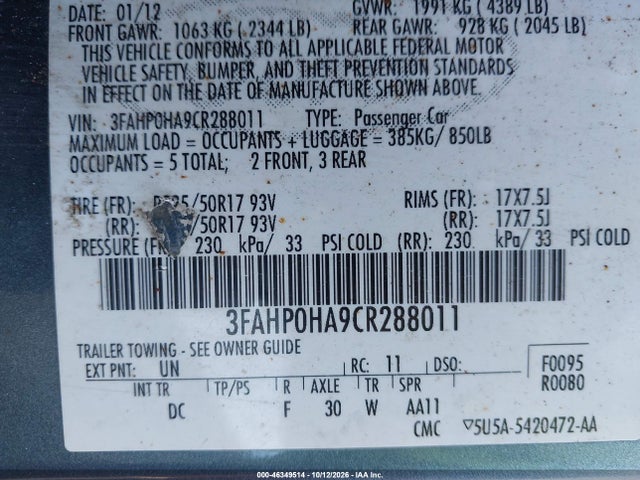 46349514 :رقم المزاد ، 3FAHP0HA9CR288011 vin ، 2012 Ford Fusion Se مزاد بيع