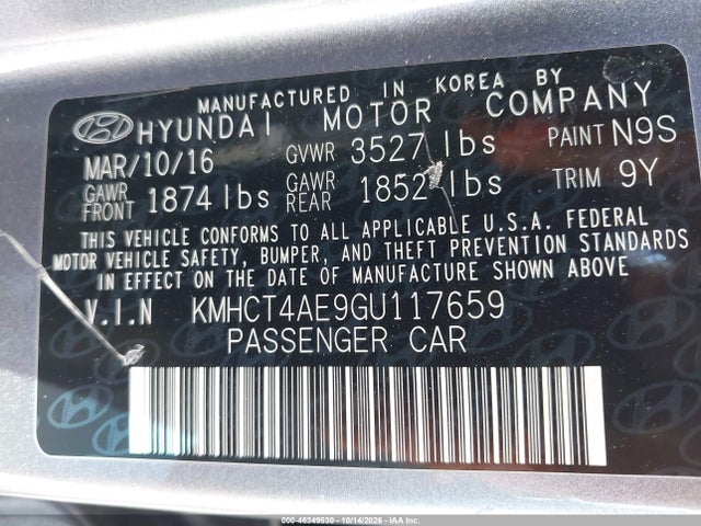 46349530 :رقم المزاد ، KMHCT4AE9GU117659 vin ، 2016 Hyundai Accent Se مزاد بيع