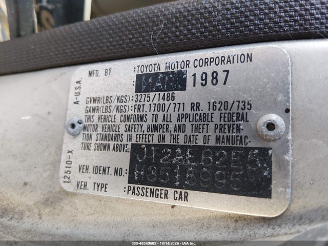 Продаж на аукціоні авто 1987 Toyota Corolla Dlx, vin: JT2AE82E5H3515995, номер лоту: 46349602