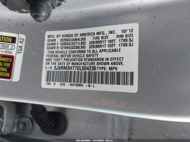 2013 Honda Cr-v Ex-l მანქანა იყიდება აუქციონზე, vin: 5J6RM3H77DL004236, აუქციონის ნომერი: 46349603