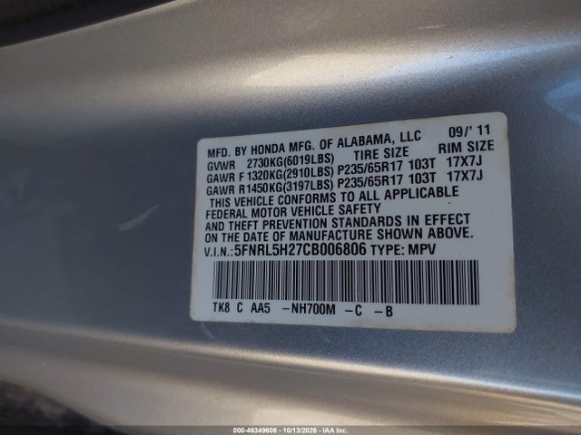 Aukcja sprzedaży 2012 Honda Odyssey Lx, vin: 5FNRL5H27CB006806, numer aukcji: 46349606
