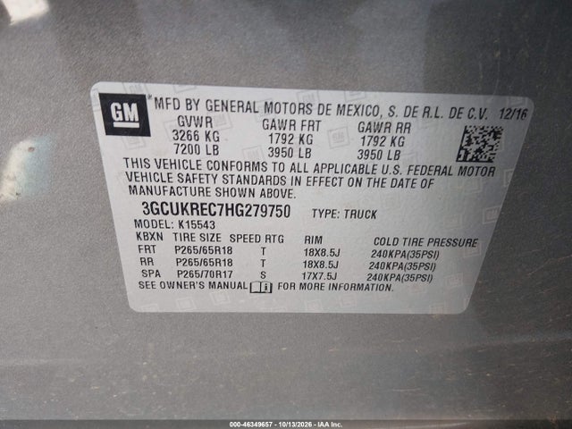 46349657 :رقم المزاد ، 3GCUKREC7HG279750 vin ، 2017 Chevrolet Silverado 1500 2lt مزاد بيع