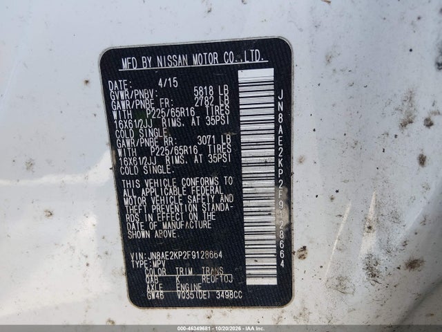 46349681 :رقم المزاد ، JN8AE2KP2F9128664 vin ، 2015 Nissan Quest Platinum/s/sl/sv مزاد بيع
