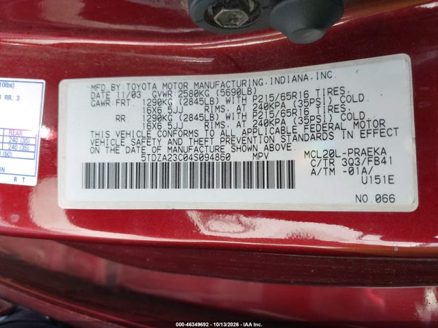46349692 :رقم المزاد ، 5TDZA23C04S094860 vin ، 2004 Toyota Sienna Le مزاد بيع