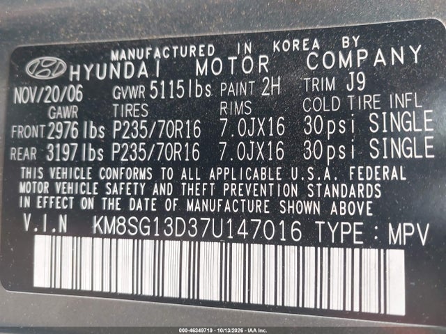 2007 Hyundai Santa Fe Gls მანქანა იყიდება აუქციონზე, vin: KM8SG13D37U147016, აუქციონის ნომერი: 46349719