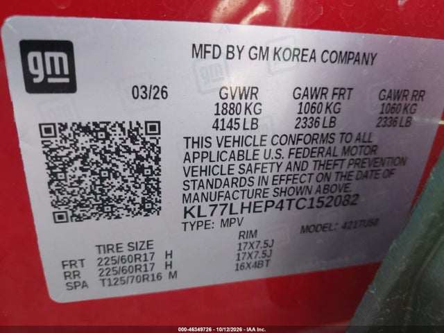 Aukcja sprzedaży 2026 Chevrolet Trax Fwd Lt, vin: KL77LHEP4TC152082, numer aukcji: 46349726